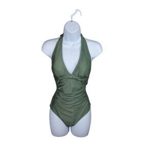Lomitti Ruched Keyhole Back Tummy Control Low Cut One Piece Swimsuit In Green XL